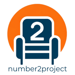 Number2Project logo featuring a blue recliner with an orange backdrop, symbolizing mobile furniture repair services.
