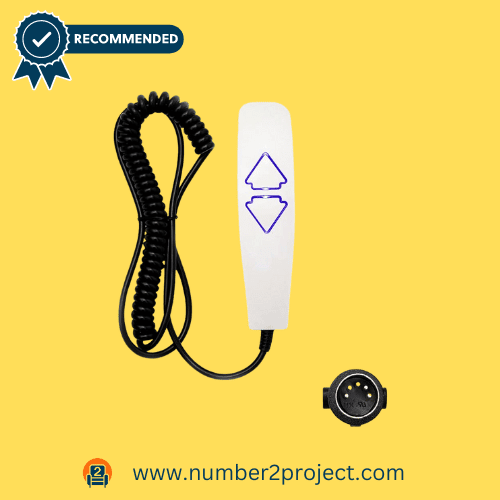 Fruhdi 2-button, 5-pin remote handset with USB and backlight, recommended for lift chairs and power recliners, displayed on a yellow background with a verification check and the website 'number2project.com'.