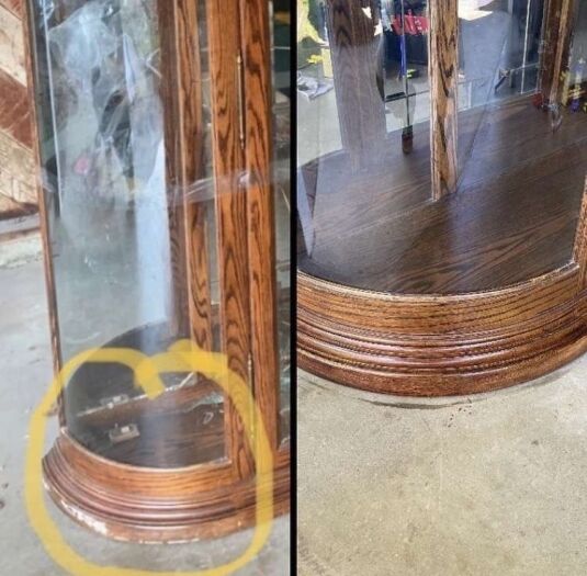 Before and after vintage oak curio cabinet repair estimate