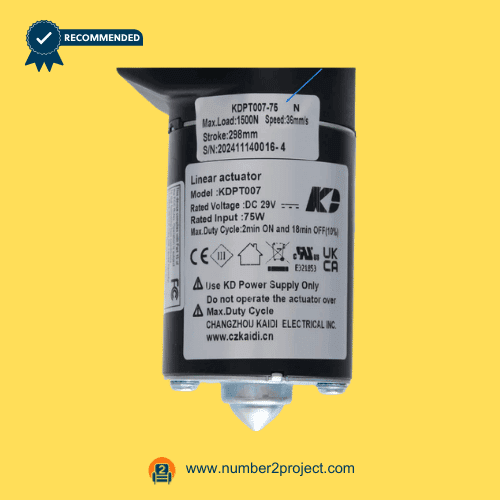 KAIDI KDPT007-74N linear actuator motor label close up showing DC 29V 75W specifications load and stroke details for power recliner lift chair actuator replacement Number2project