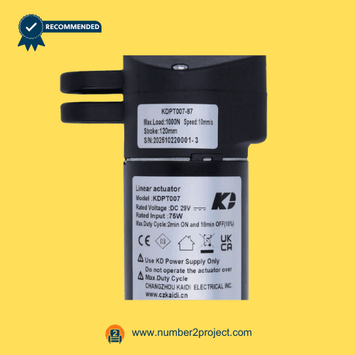 KAIDI KDPT007-87 linear actuator motor label close up showing DC 29V 75W specifications load and stroke information for power recliner lift chair actuator replacement Number2project