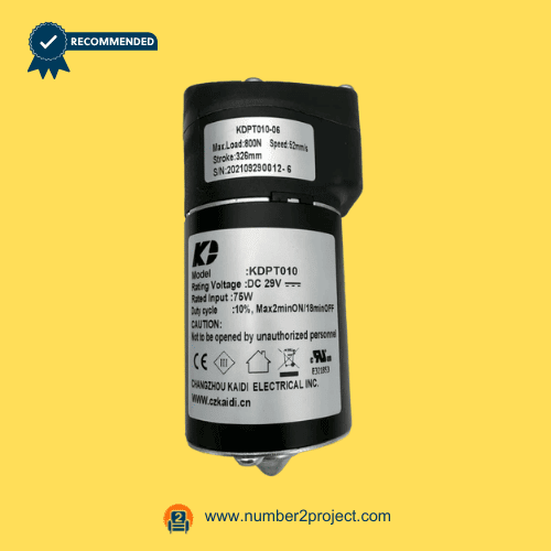 KAIDI KDPT010-06 linear actuator motor label close up showing DC 29V 75W specifications load and stroke details for power recliner lift chair actuator replacement Number2project