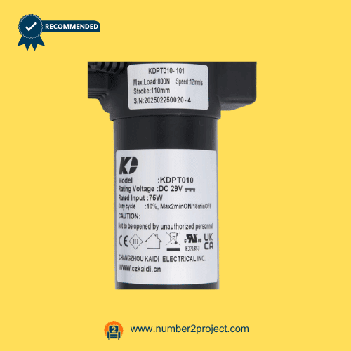 KAIDI KDPT010-101 linear actuator motor label close up showing DC 29V 75W specifications load and stroke information for power recliner lift chair actuator replacement Number2project