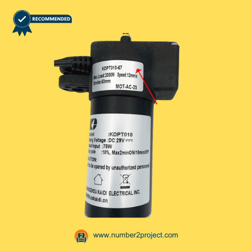 KAIDI KDPT010-67 MOT-AC-23 linear actuator motor label close up showing DC 29V 75W specifications and model identification for power recliner lift chair actuator replacement Number2project