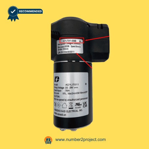 Kaidi KDYJT011-006B B recliner linear actuator motor housing label close up power lift chair actuator replacement motor motion furniture Number2project