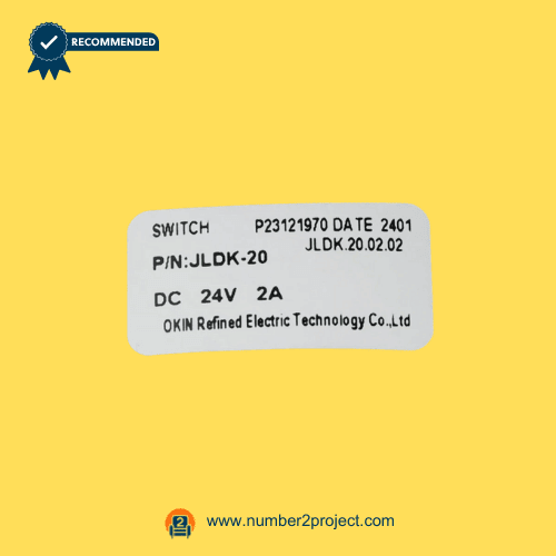 okin jldk 20 02 02 recliner switch identification label close up showing part number dc 24v rating and manufacturer details power recliner component Number2project