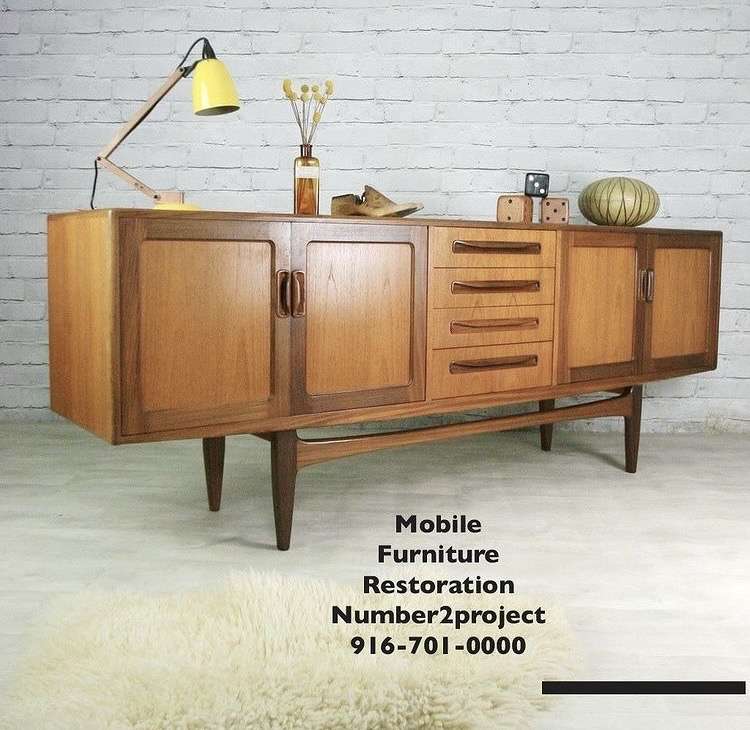 Mid-century modern teak sideboard beautifully restored by Number2Project, showcasing their expertise in mobile furniture and recliner repair services