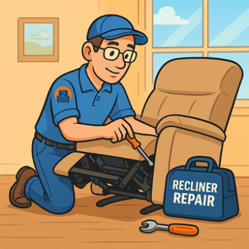 Number2project recliner repair technician adjusting a power recliner in a living room – high-income mobile repair business opportunity 2025