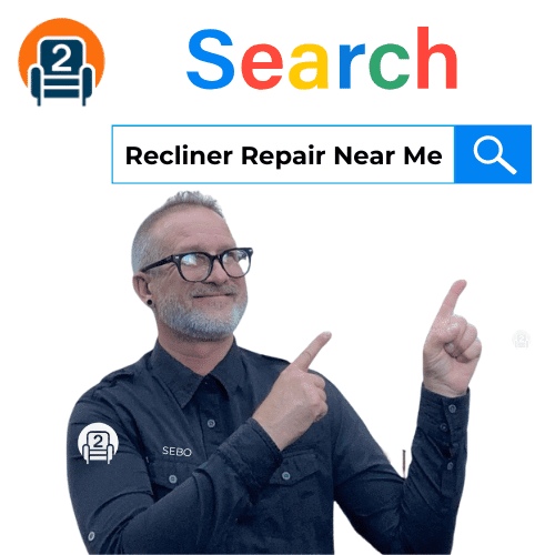 Image of Sebo from Number2Project pointing at a search bar with the phrase "Recliner Repair Near Me," designed to highlight expert recliner repair services.