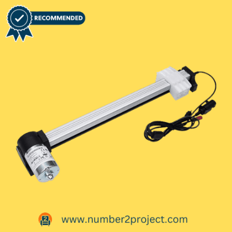 Okin Refined-R Power Recliner Motor, model JLDQ-18, with cables, highlighted against a yellow background as a recommended replacement part.
