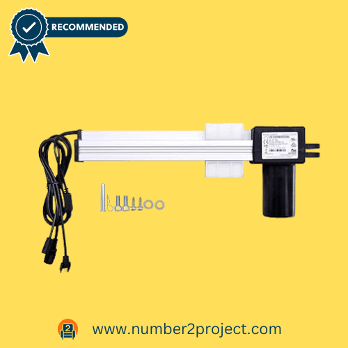 Kaidi recliner motor actuator featured with mounting hardware against a yellow backdrop, displaying a recommended badge for assured quality.