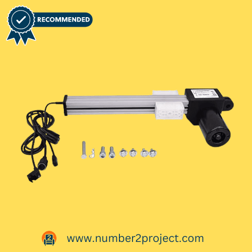 Recliner motor actuator with silver shaft and black housing, accompanied by installation hardware, set against a yellow background with a recommendation seal