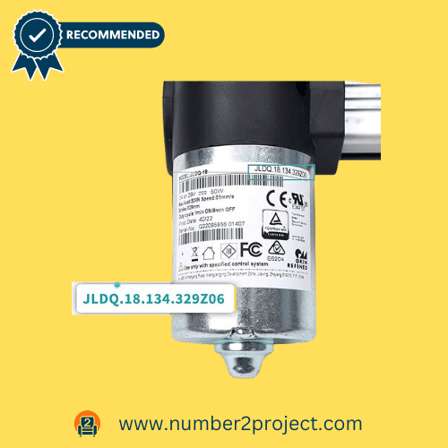 Close-up of Okin power recliner motor, model JLDQ.18.134.329Z06, featuring detailed specifications and certification marks, recommended by Number2project.
