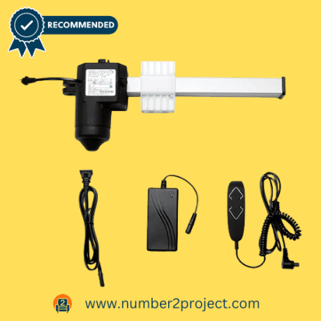 Comprehensive recliner motor kit featuring a Kaidi actuator, power supply, hand control, and cables, with a recommended badge on a vibrant yellow background