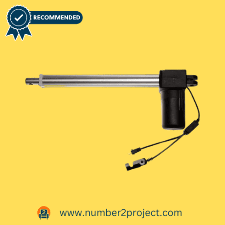Number2project’s Kaidi linear actuator model KDYJT006-20 for power recliners, showcasing its sleek silver shaft and black housing, complete with cables.