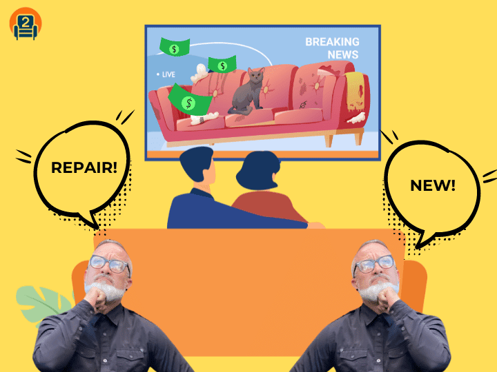 Sofa and Recliner blog An illustrated scene showing two people watching a news report featuring a damaged sofa with dollar signs, suggesting the cost of repairs. One person thinks 'REPAIR!' while the other contemplates 'NEW!'. In the foreground, a thoughtful man with glasses mirrors their indecision.